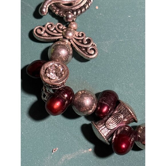 Handcrafted Beaded Bracelet Silver-Tone Charms Red Baroque Pearls Toggle Clasp - Picture 4 of 6